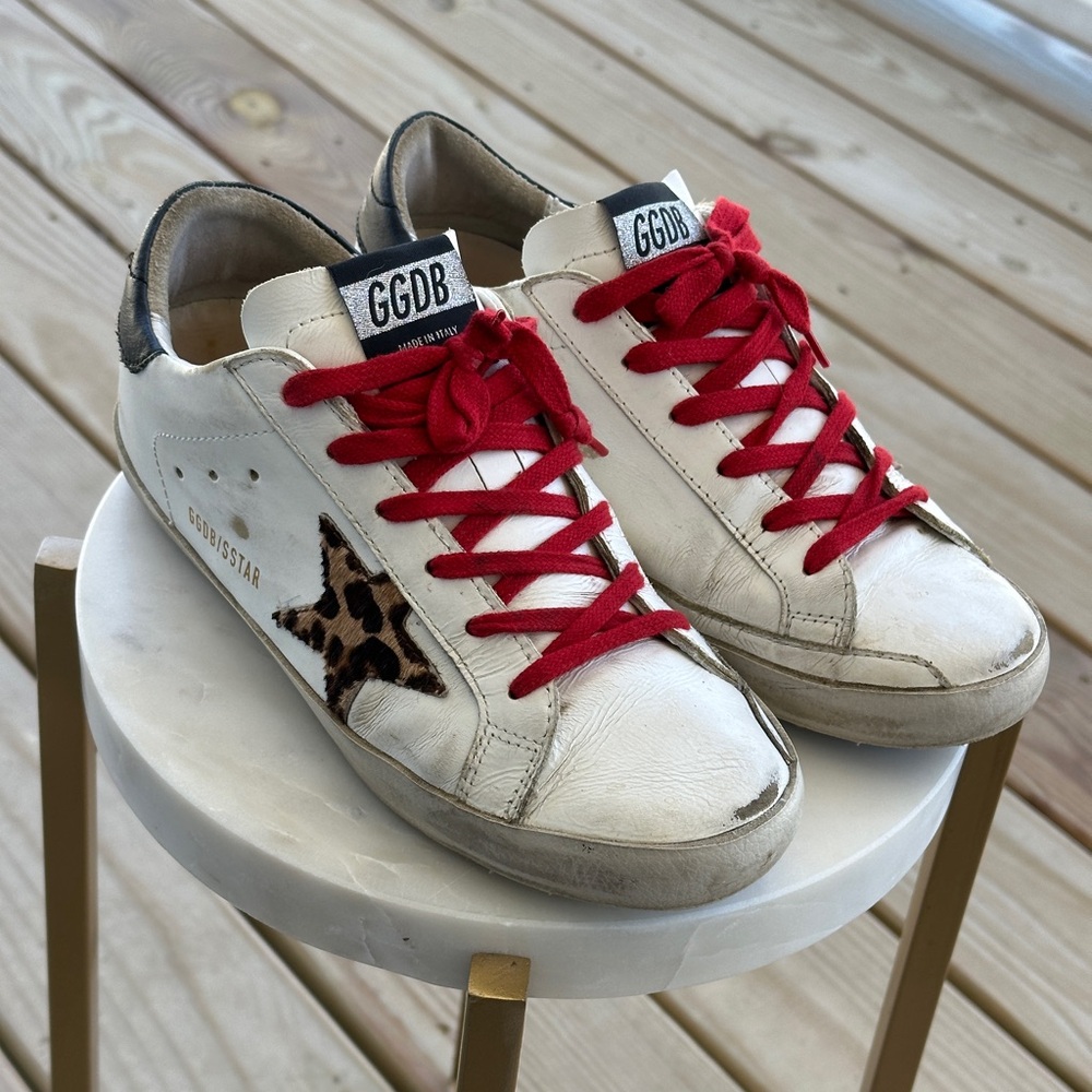 Golden Goose Deluxe SuperStar Low Top White and Cheetah Print Sneakers